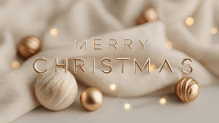 Deep green Merry Christmas typography paired with warm gold ornaments.の写真素材