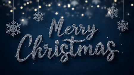 Faceted silver lettering with blue crystal accents, evoking a luxurious winter celebration.の写真素材