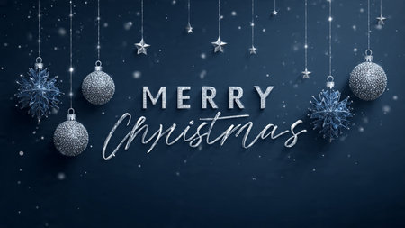 Minimal silver lettering with icy blue glow and clean modern winter aesthetics.の写真素材