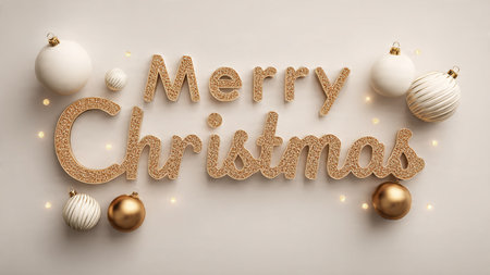 Champagne-gold Merry Christmas text glowing gently against ivory tones.の写真素材