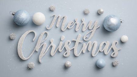 Elegant silver lettering accented with icy blues, creating a frosty yet welcoming premium Christmas design.の写真素材