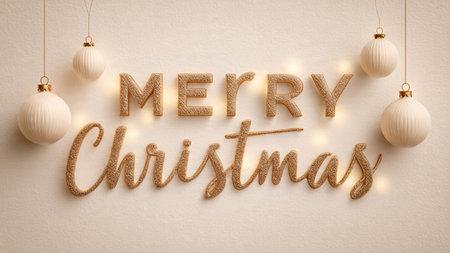 Luxurious gold lettering resting on smooth ivory tones with gentle festive lighting.