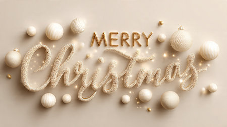 Soft gold Merry Christmas typography enhanced by ivory accents and warm ambient light.