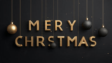 Merry Christmas and Happy New Year greeting card with golden text and christmas balls on black backgroundの写真素材