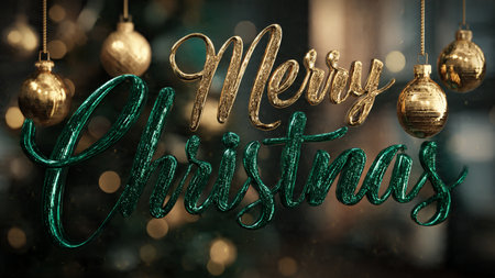 Merry christmas greeting card with golden baubles on bokeh backgroundの写真素材
