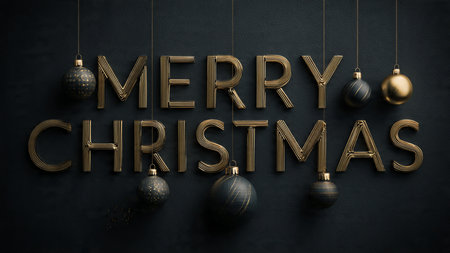 Merry Christmas lettering on black background. 3D rendering.の写真素材