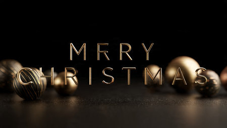 Merry Christmas and Happy New Year greeting card with golden text. 3D Renderの写真素材