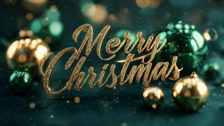 Merry Christmas greeting card. Golden Merry Christmas lettering on blurred bokeh backgroundの写真素材