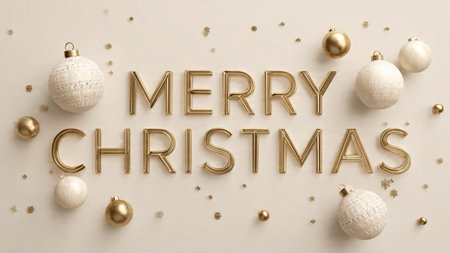 Merry Christmas lettering with christmas balls on beige backgroundの写真素材