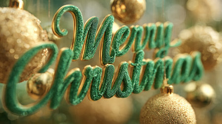 Merry Christmas and Happy New Year greeting card. Gold and green christmas baubles.の写真素材