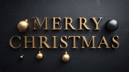 Merry Christmas golden text on black background. 3d rendering.の写真素材