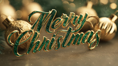 Merry Christmas and Happy New Year greeting card. Golden baubles on bokeh background.の写真素材