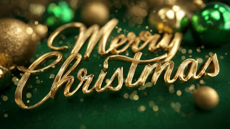 Merry Christmas gold text on a green velvet background with Christmas ornamentsの写真素材
