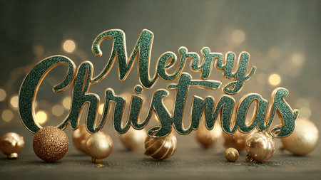 Merry Christmas greeting card with golden baubles on dark backgroundの写真素材