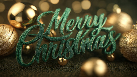 Christmas greeting card with decorative baubles and lights on bokeh backgroundの写真素材
