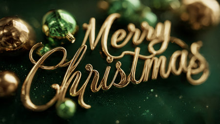 Merry Christmas and Happy New Year gold text on dark green backgroundの写真素材