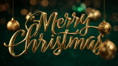 Merry Christmas gold calligraphy lettering on green background. 3D illustrationの写真素材