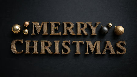 Merry Christmas and Happy New Year. Golden letters on black backgroundの写真素材