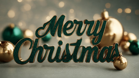 Merry Christmas lettering and Christmas baubles on gray backgroundの写真素材