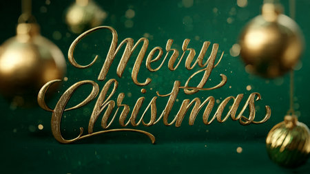 Merry Christmas gold lettering on green background with christmas ballsの写真素材