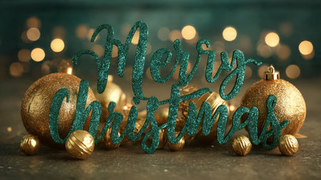 Christmas greeting card with golden baubles on bokeh backgroundの写真素材