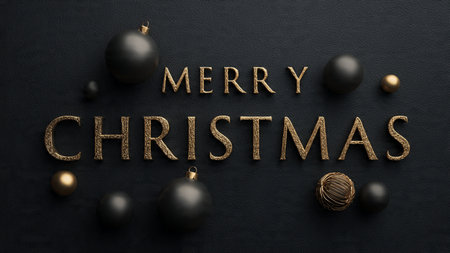 Christmas background with black baubles and golden Merry Christmas text.の写真素材