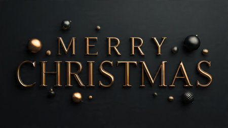 Merry Christmas gold text on black background with golden baublesの写真素材