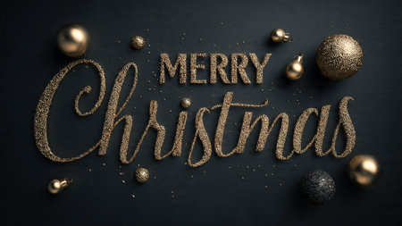 Merry Christmas and Happy New Year greeting card with golden text on black backgroundの写真素材