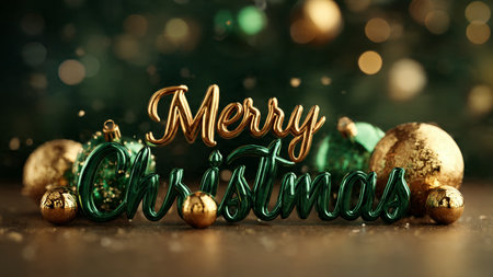 Merry Christmas and Happy New Year greeting card. Golden lettering on bokeh backgroundの写真素材