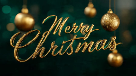Merry Christmas gold lettering on blurred background. 3D renderingの写真素材