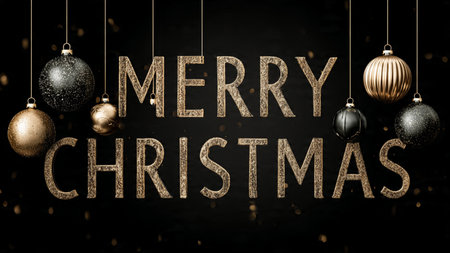 Merry Christmas and Happy New Year Greeting Card. Golden Christmas Ball on Black Background.の写真素材