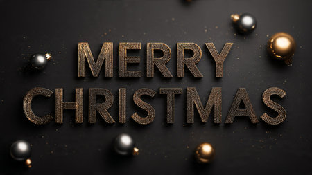 Merry Christmas and Happy New Year. Golden text on a black background with Christmas balls.の写真素材