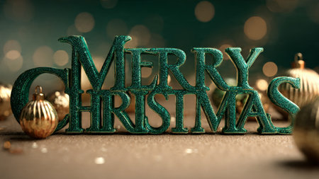 Merry Christmas lettering with christmas ornaments on wooden backgroundの写真素材