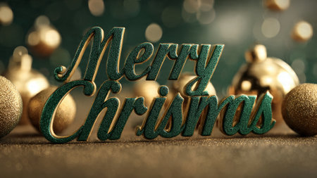 Merry Christmas greeting card with golden decoration on bokeh backgroundの写真素材