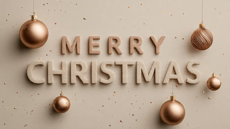 Merry Christmas lettering with golden christmas balls on beige backgroundの写真素材