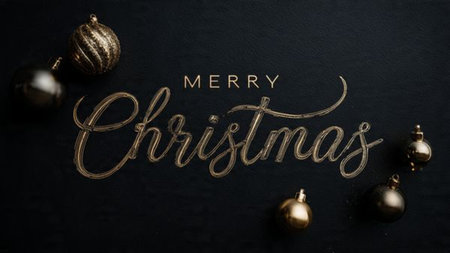 Merry Christmas and Happy New Year greeting card. Golden lettering on black background.の写真素材