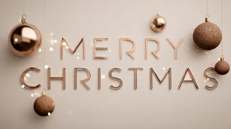 Merry Christmas lettering with golden christmas balls on beige backgroundの写真素材
