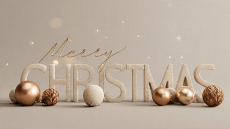 Merry Christmas text with golden christmas decoration. 3D rendering.の写真素材