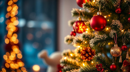 Christmas tree decorated with toys and garlands, bokeh backgroundの写真素材