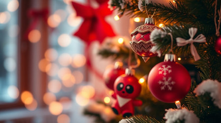 Christmas tree decorated with red ornaments, lights and bokehの写真素材
