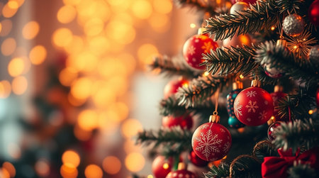 Decorated Christmas tree on blurred background with bokeh effectの写真素材
