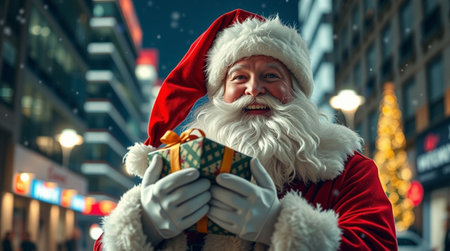 christmas, holidays and people concept - close up of santa claus with gift box over city street backgroundの写真素材