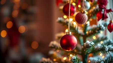 Christmas tree with red baubles on bokeh background.の写真素材