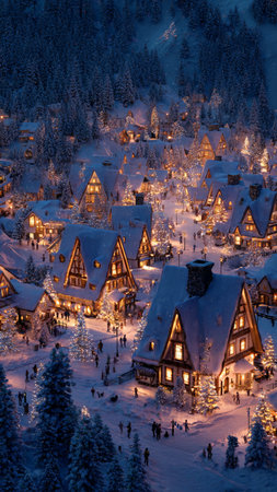 Christmas village in the Carpathian Mountains at night, Ukraine.の写真素材