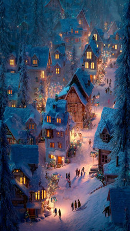 Winter village in the mountains. Christmas and New Year's background.の写真素材