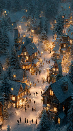 Aerial view of a small village in winter. Winter wonderlandの写真素材