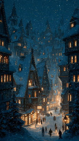 Winter fairy tale with snowfall and fairytale houses. Fairy tale.の写真素材