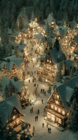 Christmas village in the mountains at night. Beautiful winter landscape with wooden housesの写真素材