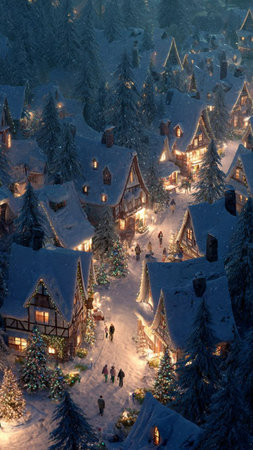 Christmas village in the mountains at night. Christmas and New Year concept.の写真素材