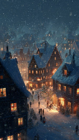 Winter village with houses and people walking in snowfall, illustration.の写真素材
